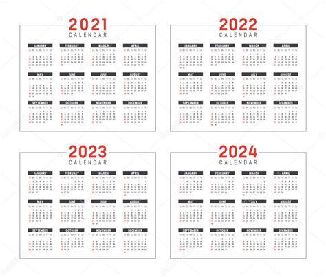 Años 2021 2022 2023 2024 Conjunto De Calendarios Minimalistas Aislados