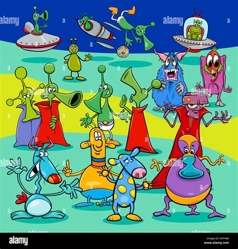 Cartoon Illustration Of Aliens Science Fiction Characters Group Stock