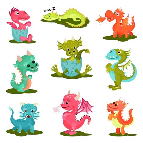 Premium Vector Flat Set Of Cute Baby Dragons Mythical Creatures