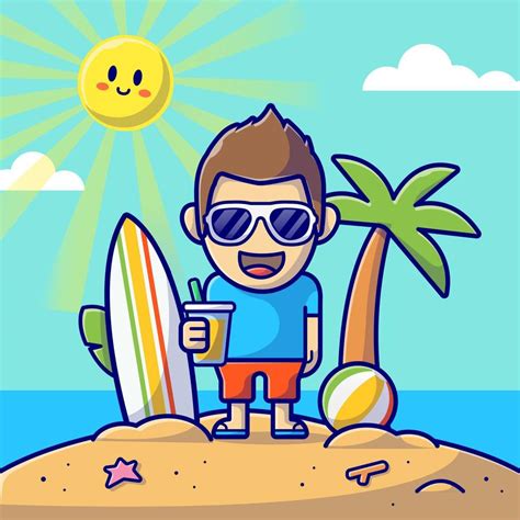 Cute Boy On The Beach In Summer Day Cartoon Vector Icon Illustration