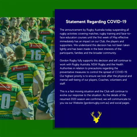 Statement Regarding Covid 19 Gordon Rugby Club