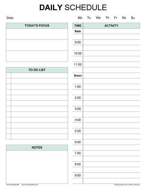 Editable Daily Schedule Template Example A Part Of Free Printable Daily