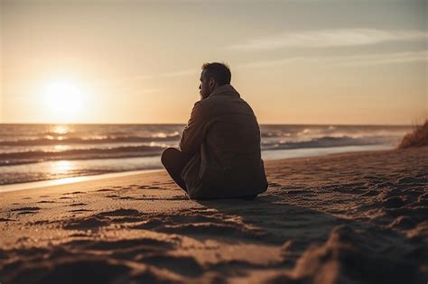 Premium Ai Image A Man Sitting Alone On The Beach Against The Sea On