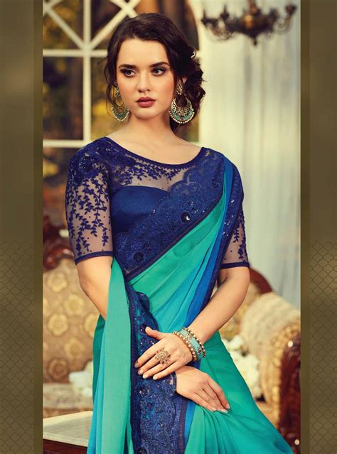 Turquoise Embroidered Silk Saree With Blouse Lilots 3404569