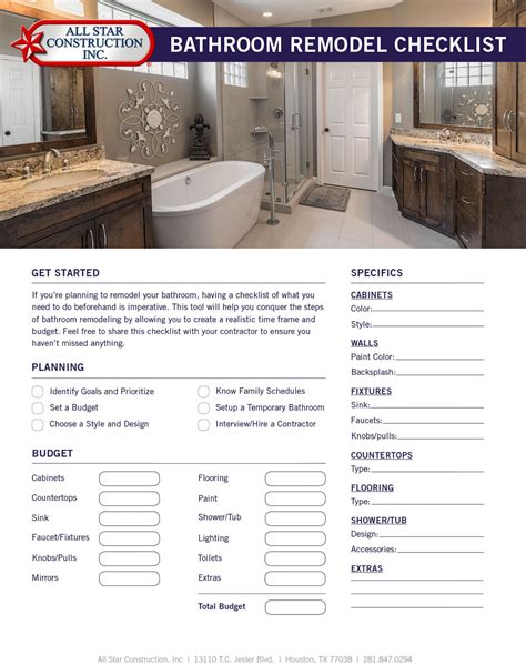 Planning a bathroom remodel is an exciting time, hopefully this bathroom remodel checklist template will help you to organize your project. 2018 Bathroom Remodel Checklist - All Star Construction ...