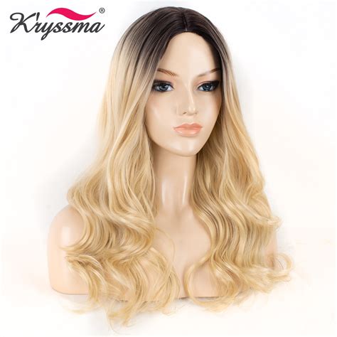 Long Blonde Synthetic Wigs For Women Wavy Wig Ombre Dark Roots To Blonde Full Machine Made