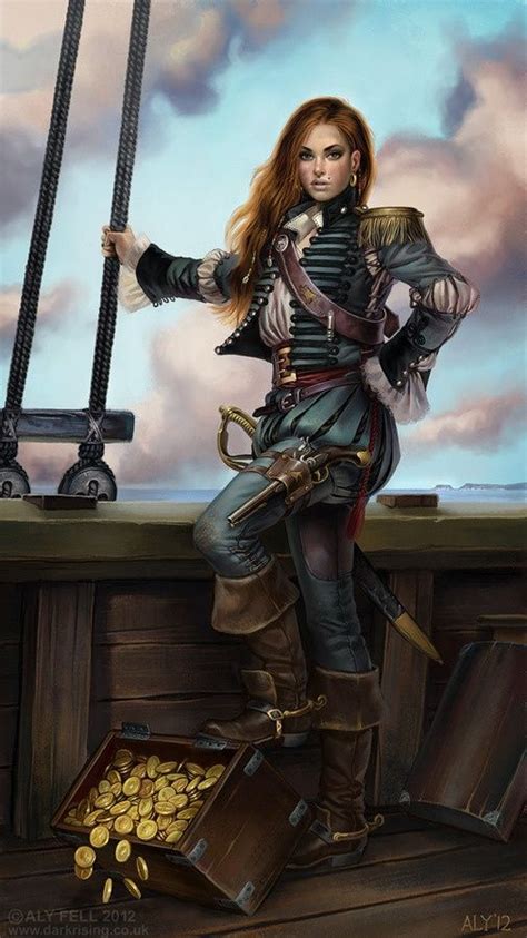 A Painting Of A Woman Standing On Top Of A Wooden Deck With A Pirate