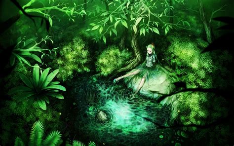วอลเปเปอร์ ศิลปะจินตนาการ สาวอะนิเมะ ใต้น้ำ ผมสีเขียว ป่าฝน