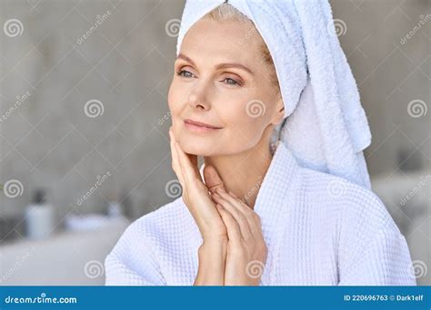 Happy Smiling Older Woman Looking Away Touching Face Stock Image Image Of Beauty Happy