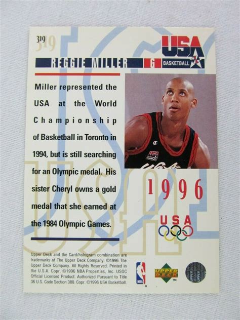 This is a collectible trading card. Reggie Miller Olympics Team USA 1996 Upper Deck Basketball Card 319 - Basketball Cards