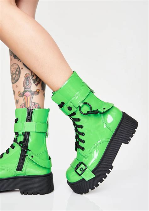 Current Mood Neon Green Buckle Combat Boots Combat Boots Boots Knee