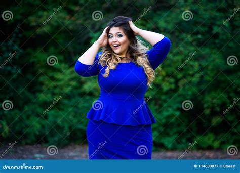 Surprised Plus Size Fashion Model In Blue Dress Outdoors Beauty Woman