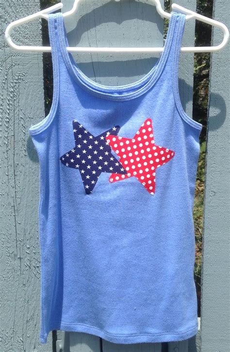 Girls Tank Top Size 5 Light Blue Tank Top All Cotton With 2 Stars 1 Red 1 Navy Appliqued