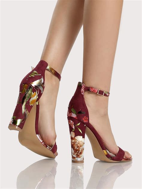 Floral Print Single Band Ankle Strap Heels Wine Shein Sheinside