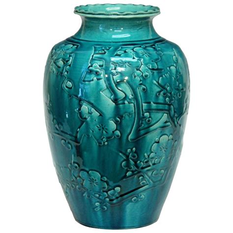 Awaji Pottery Turquoise Vase With Applied Prunus Blossom Decor At 1stdibs