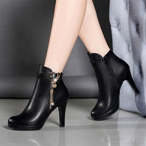 Women Ankle Boots Thin Heel Zipper Casual Leather Boots Womens Boots