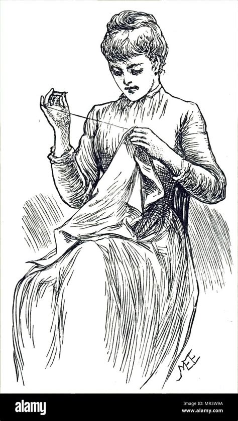 Engraving Depicting A Young Woman Sewing Dated 19th Century Stock