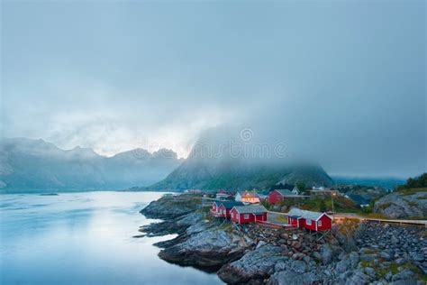 Morning Reine In The Fog Beauty Of Lofoten Islands Norway Stock Image