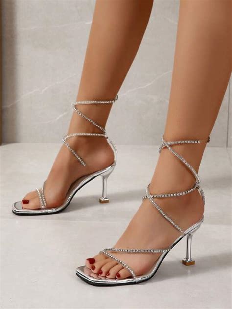 Women Rhinestone Decor Tie Leg Design Pyramid Heeled Strappy Sandals