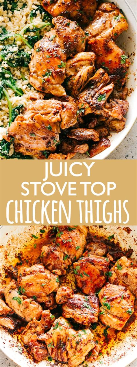 A chicken leg is made of dark meat and is a tasty and faster alternative to cooking an entire chicken. Juicy Stove Top Chicken Thighs | Easy Chicken Thighs ...