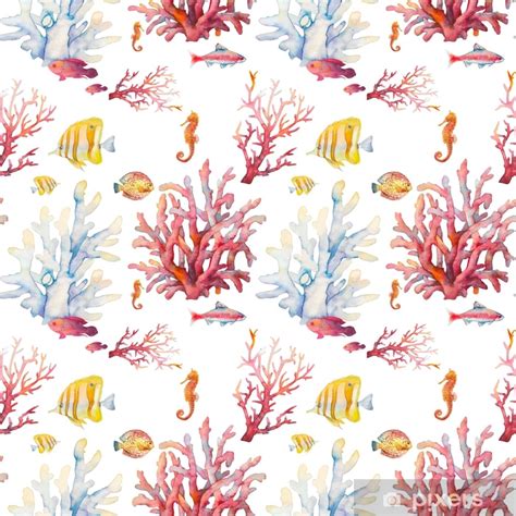 Watercolor Coral Reef Seamless Pattern Hand Drawn Realistic Background