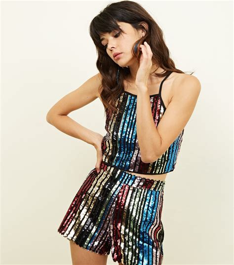 Rainbow Stripe Sequin Shorts New Look Wrap Dress Mini Dress Sequin