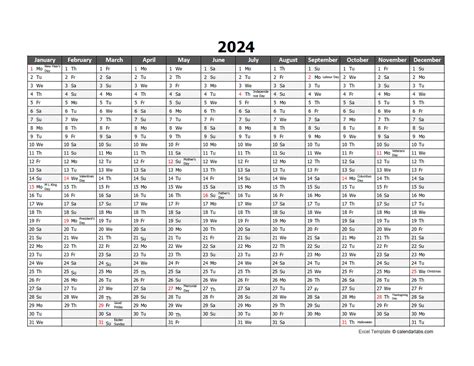 2024 Holiday Calendar Excel Download Templates Galina Rosabella