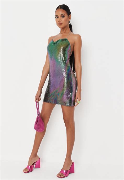 Missguided Purple Ombre Chainmail Halterneck Cowl Neck Mini Dress