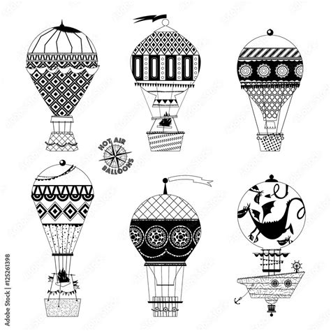 Set Of Various Vintage Hot Air Balloons Black And White Stock Vector Adobe Stock
