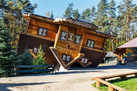 Exterior Of Wooden Upside Down House In Szymbark Village Editorial