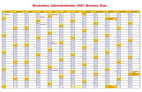 Kalender 2021 mit kalenderwochen und feiertagen. Kostenlos Jahreskalender 2021 Bremen Kalender Zum ...