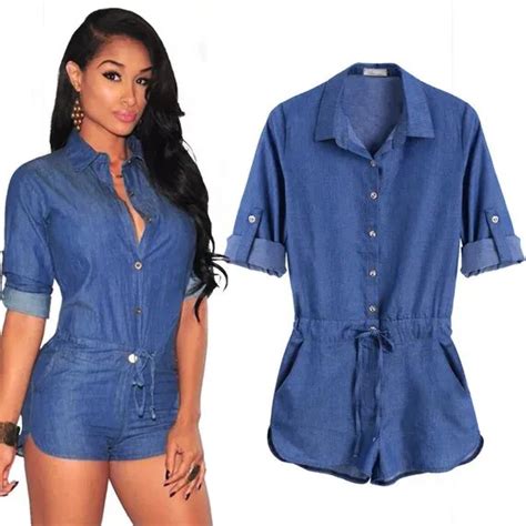 Sexy V Neck Denim Jumpsuit Shorts Button Long Sleeves Overall Bodysuit