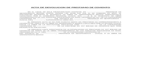 Acta De Devolucion De Prestamo De Cemento Docx Document