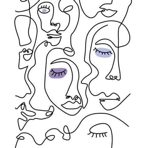 Continuous One Line Faces Set Contemporary Abstract Shapes With Doodle Hand Drawn People Face