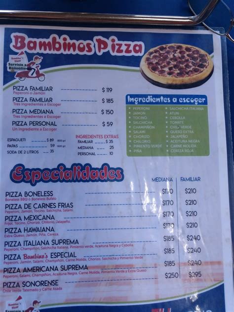 menu at pizza bambino restaurant nogales