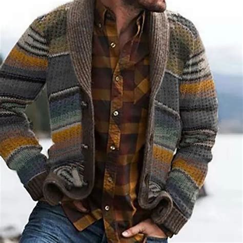 2021 Fjun Western Style Sweater Cardigan Men S Knitwear Autumn Color Block Rainbow Striped