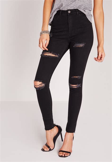 Missguided Sinner High Waisted Ripped Skinny Jeans Black Ripped Knee Jeans Black Ripped