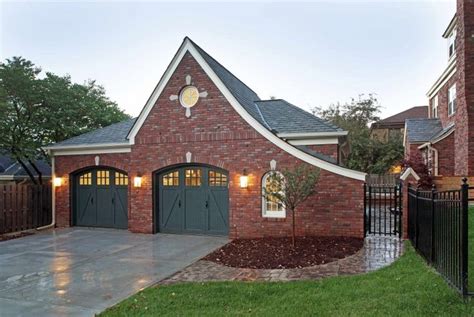 Dark Green Garage Wooden Garage Red Brick Wall Stone Walkway White