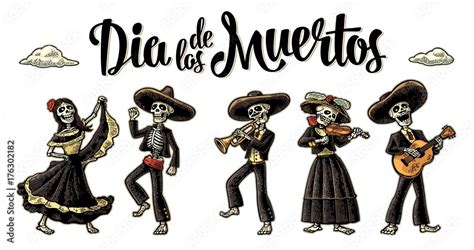 Dia De Los Muertos The Skeleton In Mexican National Costumes Vector De