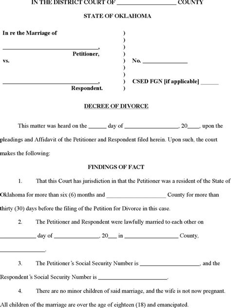 Oklahoma Divorce Decree Form Divorce Papers Printable Divorce Papers