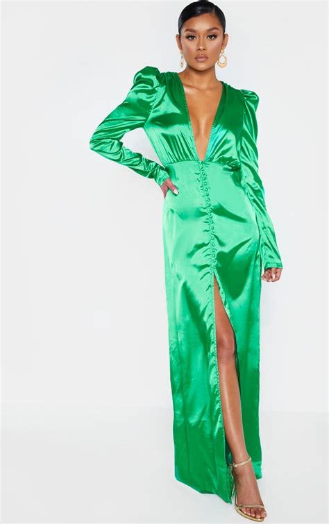 Bright Green Satin Button Through Maxi Dress Prettylittlething