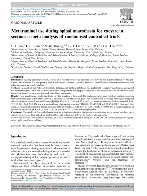 Pdf Metaraminol Use During Spinal Anaesthesia In Caesarean Sections