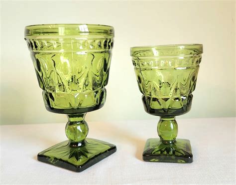 vintage avocado olive green goblets indiana glass colony park lane water and wine pedestal