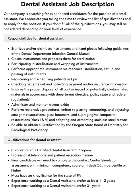 Dental Assistant Job Description Velvet Jobs