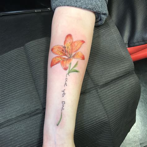 Color Lily Tattoo With Handwriting Lily Tattoo Lily Flower Tattoos