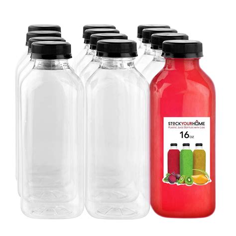 16oz Reusable Clear Plastic Juice Bottles With Caps 12 Pack By Stock Your Home