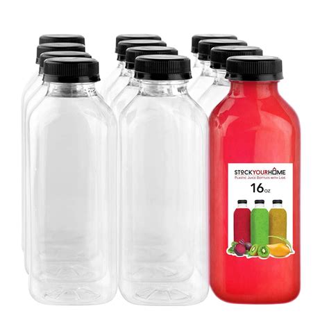 16oz reusable clear plastic juice bottles with caps 12 pack by stock your home