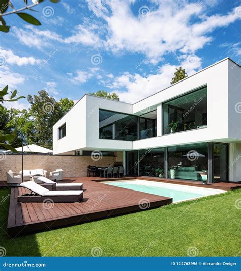 Exterior Modern White Villa With Pool And Garden Stock Photo Image Of