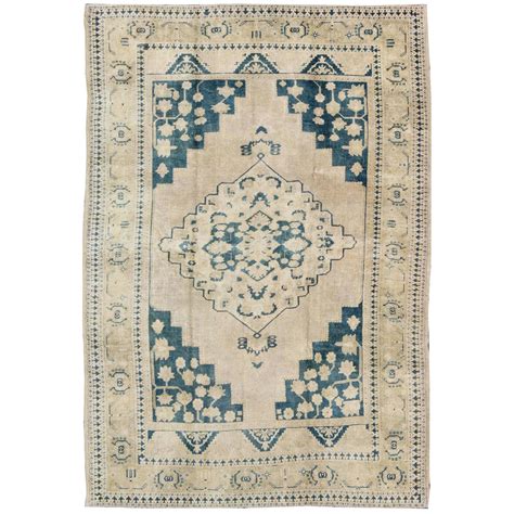 Vintage Turkish Rug With Geometric Design In Blue Gold And Cream