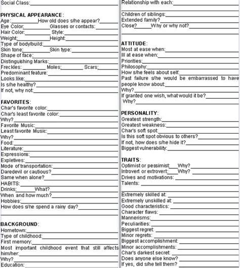 Printable Character Sheet For Writers